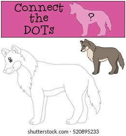 Educational game: Connect the dots. Cute beautiful wolf stands and smiles.