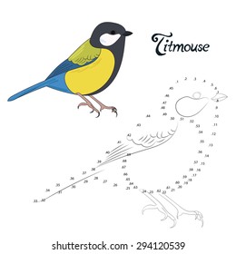 Educational game connect the dots to draw titmouse bird  vector illustration
