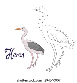 Educational game connect the dots to draw heron bird  vector illustration