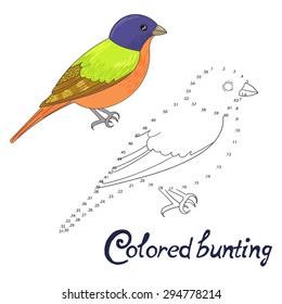 Juego educativo conecta los puntos para dibujar Ilustración vectorial de pájaro bunting de color
