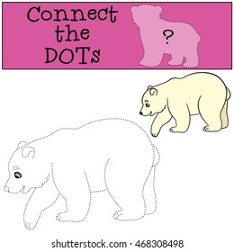 Educational game: Connect the dots. Little cute baby polar bear stands and smiles.