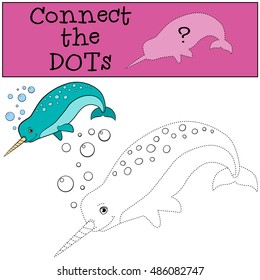 Educational game: Connect the dots. Little cute narwhal swims and smiles.
