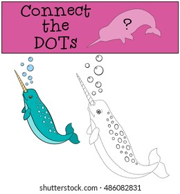 Educational game: Connect the dots. Little cute narwhal swims and smiles.