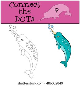 Educational game: Connect the dots. Little cute narwhal swims and smiles.