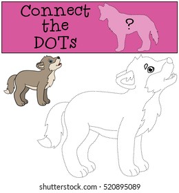 Educational game: Connect the dots. Little cute baby wolf stands and howling.