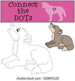 Educational game: Connect the dots. Little cute baby wolf lies and howling.