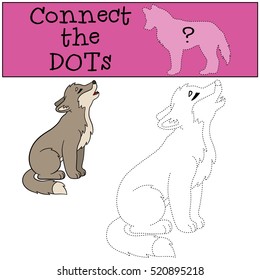 Educational game: Connect the dots. Little cute baby wolf sits and howling.