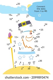 Educational game. Connect points from 1 to 40. Wizard in hat. Activity page dot to dot for kids. Vector illustration. 