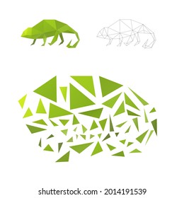 Educational game. Constructor puzzle from triangles. Collect a chameleon. Intellectual development. Polygonal art concept. 