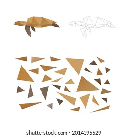 Educational game. Constructor puzzle from triangles. Collect a turtle. Intellectual development. Polygonal art concept. 