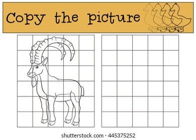 Educational game: Copy the picture. Cute ibex with great horns smiles.