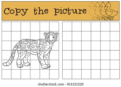 Educational game: Copy the picture. Cute spotted jaguar smiles.