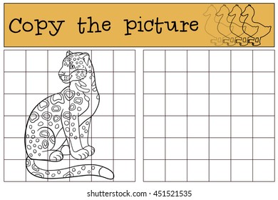 Educational game: Copy the picture. Cute spotted jaguar sits and smiles.