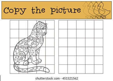 Educational game: Copy the picture. Cute spotted jaguar sits and smiles.