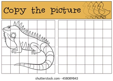Educational game: Copy the picture. Cute iguana sits and smiles.