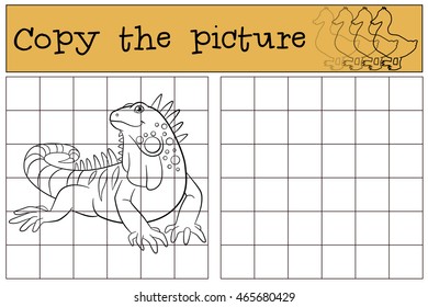 Educational game: Copy the picture. Cute iguana sits and smiles.