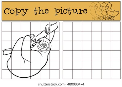 Educational game: Copy the picture. Cute lazy sloth hangs on the tree branch and smiles.