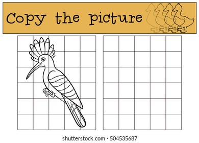 Educational game: Copy the picture. Cute beautiful hoopoe sits and smiles.