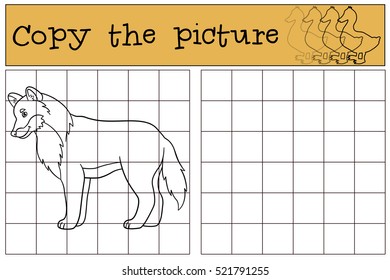 Educational game: Copy the picture. Cute beautiful wolf stands and smiles.