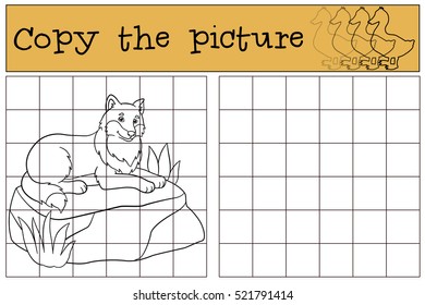 Educational game: Copy the picture. Cute beautiful wolf lies on the stone and smiles.