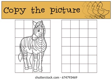 Educational game: Copy the picture. Cute beautiful zebra smiles.