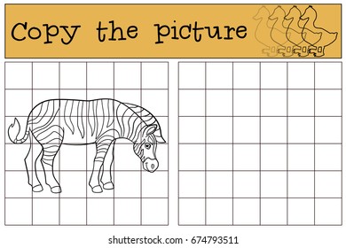 Educational game: Copy the picture. Cute beautiful zebra smiles.