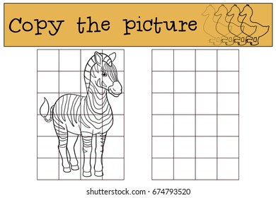 Educational game: Copy the picture. Cute beautiful zebra smiles.