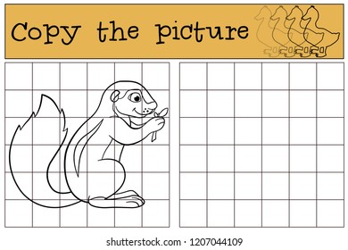 Educational game: Copy the picture. Little cute xerus eat leaves.