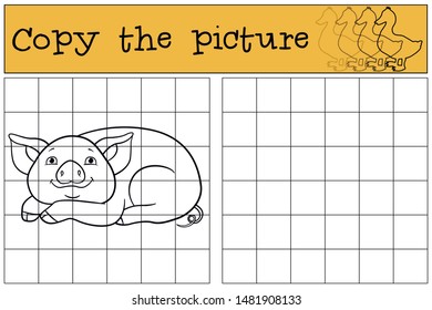 Educational game: Copy the picture. Little cute piglet lays and smiles.
