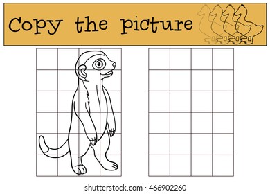 Educational game: Copy the picture. Little cute baby meerkat stands and smiles.