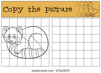 Educational game: Copy the picture. Little cute red panda with beautiful tail.