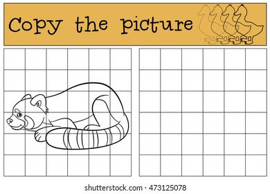 Educational game: Copy the picture. Little cute red panda with beautiful tail.