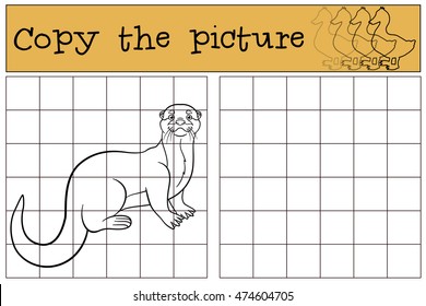 Educational game: Copy the picture. Little cute otter stands and smiles.