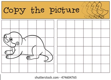 Educational game: Copy the picture. Little cute baby otter stands and smiles.