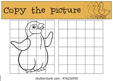 Educational game: Copy the picture. Little cute baby penguin stands and smiles.