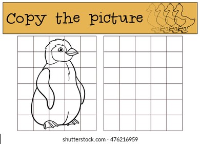 Educational game: Copy the picture. Little cute baby penguin stands and smiles.