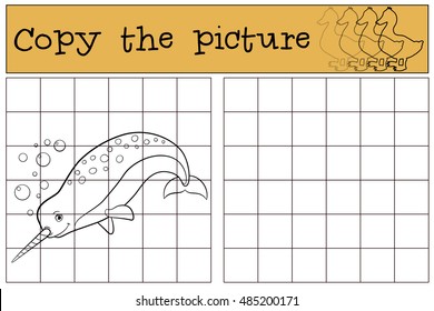 Educational game: Copy the picture. Little cute narwhal swims and smiles.