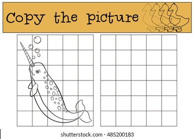 Educational game: Copy the picture. Little cute narwhal swims and smiles.