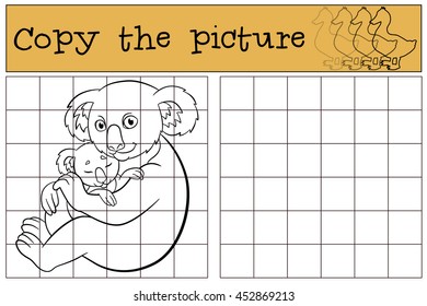 Educational game: Copy the picture. Mother koala sits with her little cute baby and smiles.
