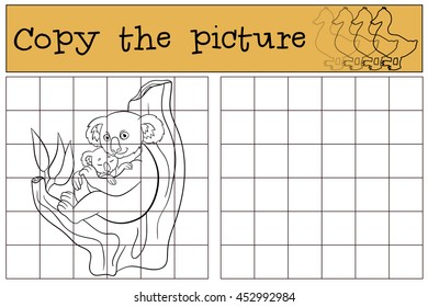 Educational game: Copy the picture. Mother koala sits on the tree branch with her little cute baby and smiles.