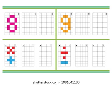 Juego educativo de copiar y colorear píxeles. Hojas de trabajo para el aprendizaje y el pensamiento lógico para los niños. Simple ilustración vectorial de la rejilla plana EPS 10. Números 8, 9 y símbolos aritméticos.