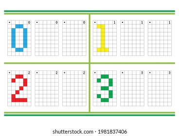 Educational game copying or duplicating and coloring pixels. Worksheets for learning and logical thinking for children. Simple vector illustration of flat grid EPS 10. The numbers 0, 1, 2 and 3.