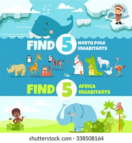 Educational game with cute cartoon animals for preschool children. Find north pole and africa animals.Vector illustration