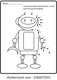 Juego educativo de rompecabezas punto a punto con robot doodle para niños,Ilustración vectorial