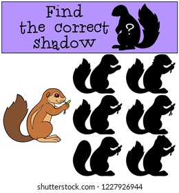 Educational game: Find the correct shadow. Little cute xerus eat leaves.