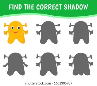 Educational game find the correct shadow. Mindfulness game for kids with alien. Vector illustration.