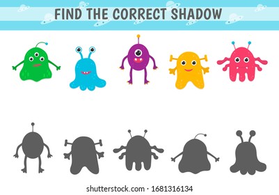 Educational game find the correct shadow. Mindfulness activity for kids: aliens and silhouettes. Vector illustration.