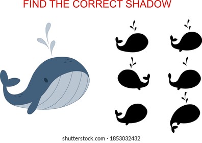 Educational game. Find the correct shadow. Blue whale illustration.