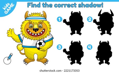 Educational game Find the correct shadow. Choose correct silhouette. Worksheet for developing attention skills. Cartoon monsters. Vector illustration.