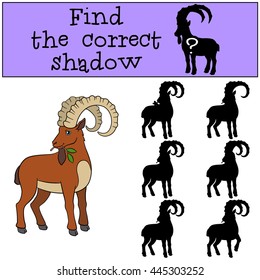 Educational game: Find the correct shadow. Cute ibex eats leaves and smiles.
